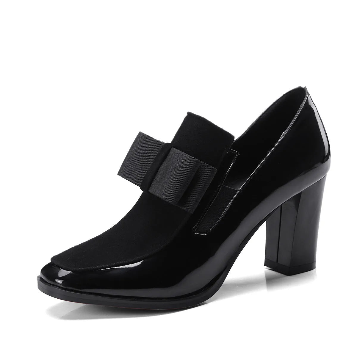 Women's black patent leather high heels with thick heel and square toe design