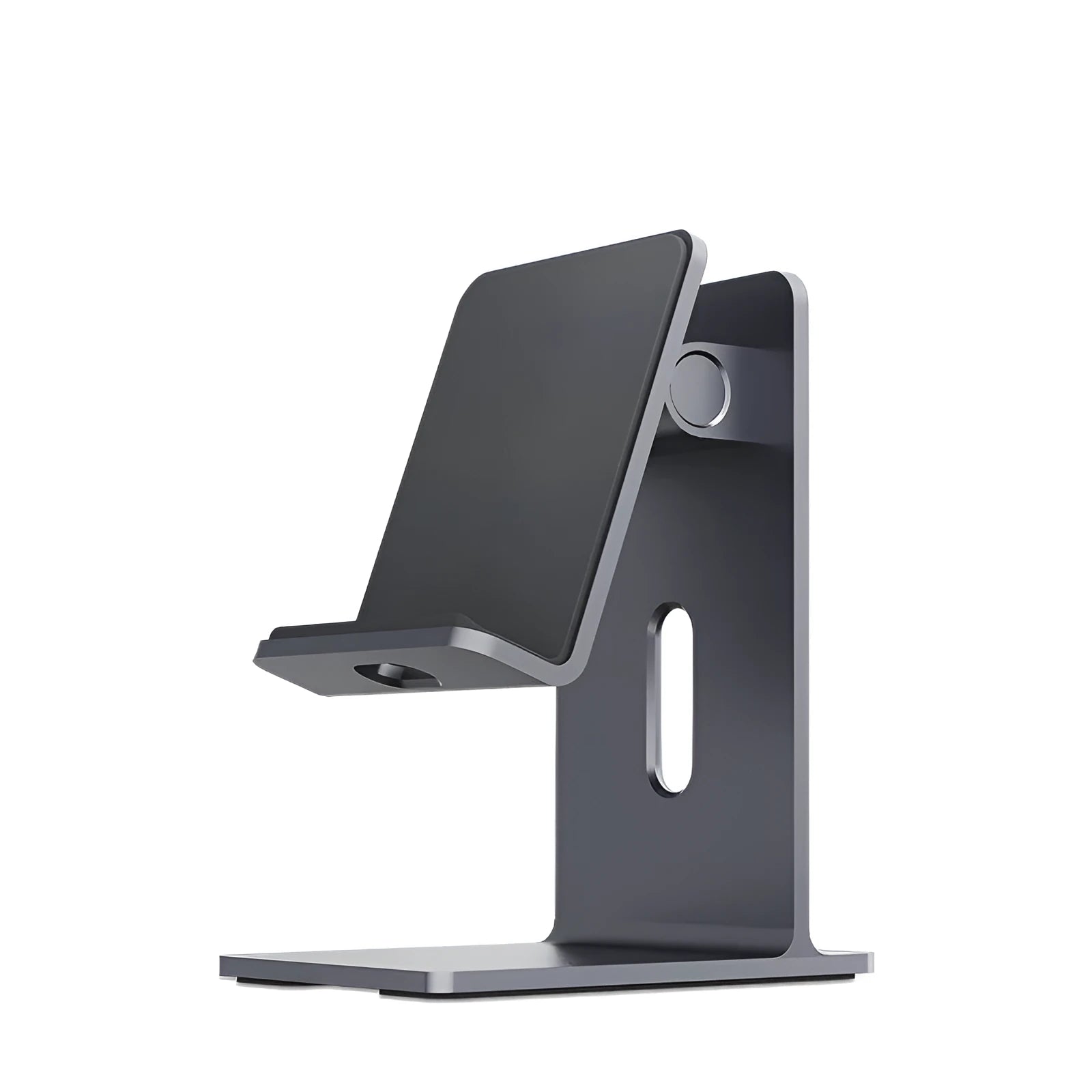 Alloy mobile phone holder with adjustable angle in dark grey and silver colour options