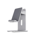 Alloy mobile phone holder with adjustable angle in dark grey and silver colour options