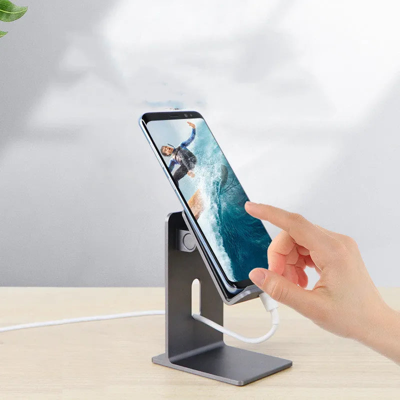 Alloy mobile phone holder with adjustable angle in dark grey and silver colour options