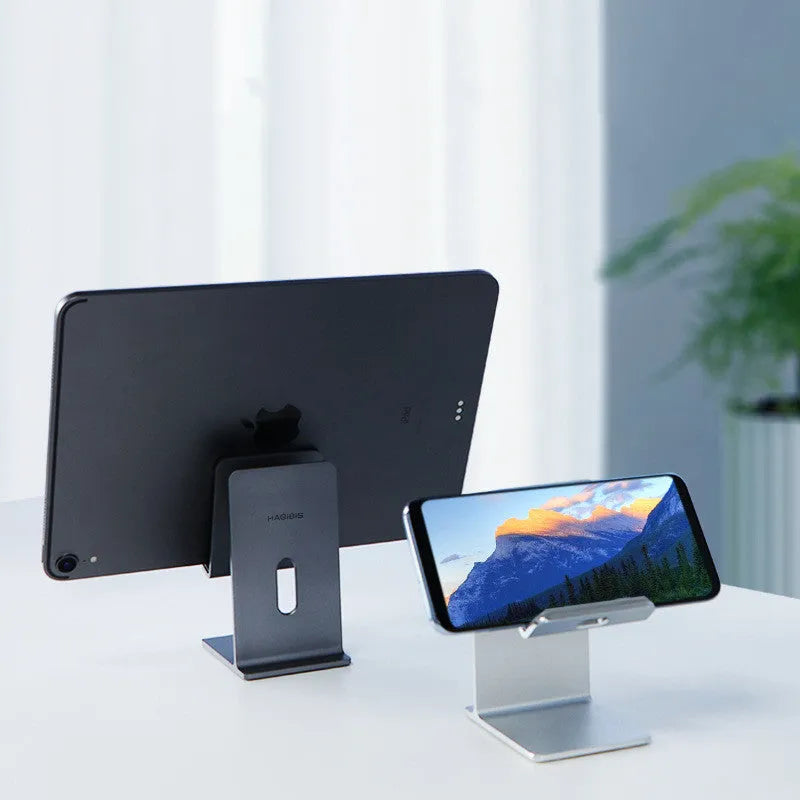Alloy mobile phone holder with adjustable angle in dark grey and silver colour options