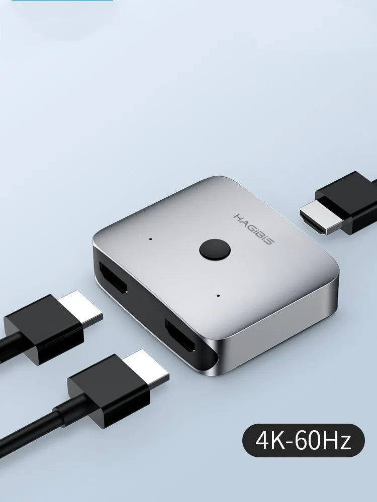 Grey Haibeisi HDMI switcher device with two input ports and one output port for 4K video switching.