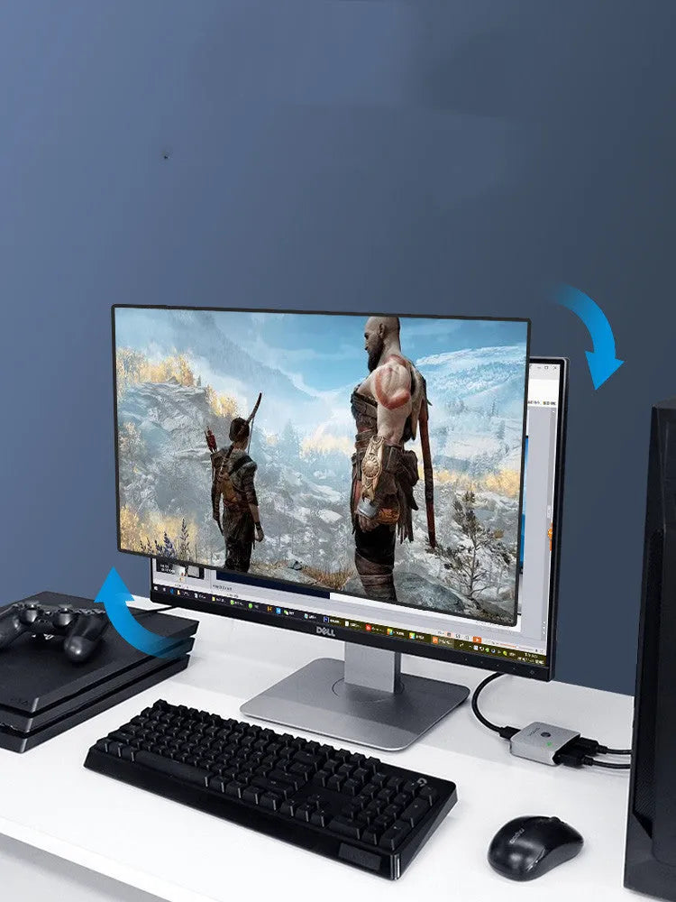 Grey Haibeisi HDMI switcher device with two input ports and one output port for 4K video switching.