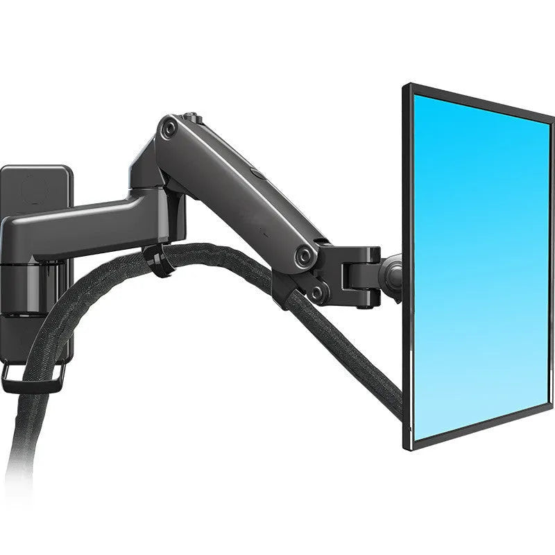 Black wall-mounted computer monitor stand with telescopic lifting and rotating screen adjustment for VESA-compatible displays