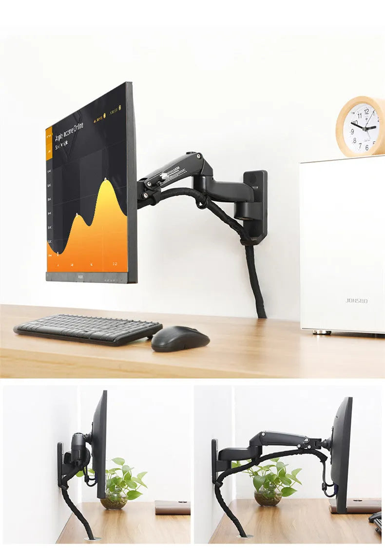 Black wall-mounted computer monitor stand with telescopic lifting and rotating screen adjustment for VESA-compatible displays