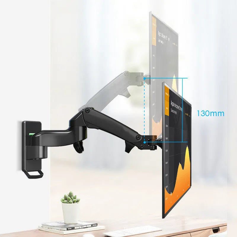 Black wall-mounted computer monitor stand with telescopic lifting and rotating screen adjustment for VESA-compatible displays