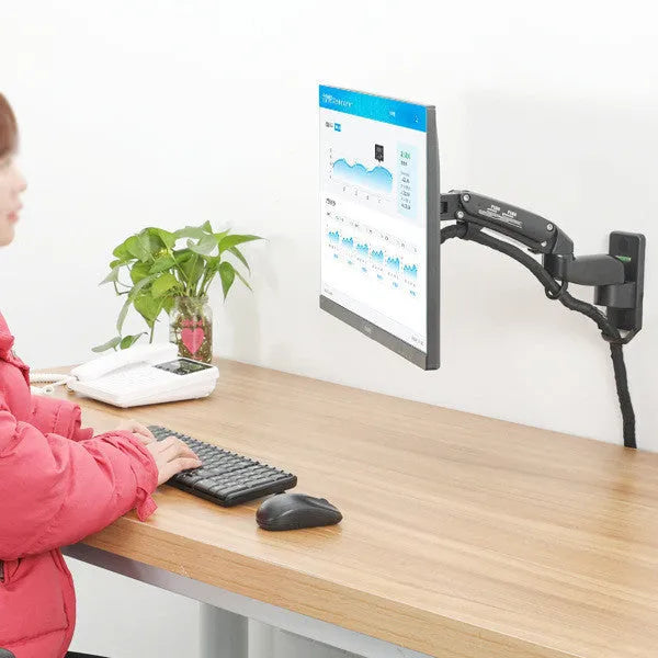 Black wall-mounted computer monitor stand with telescopic lifting and rotating screen adjustment for VESA-compatible displays