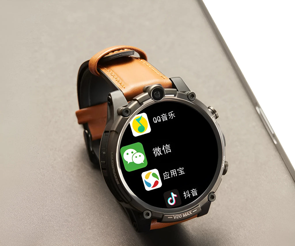 Black 4G smartwatch with 1.6-inch screen showing interface, dual cameras visible on watch case