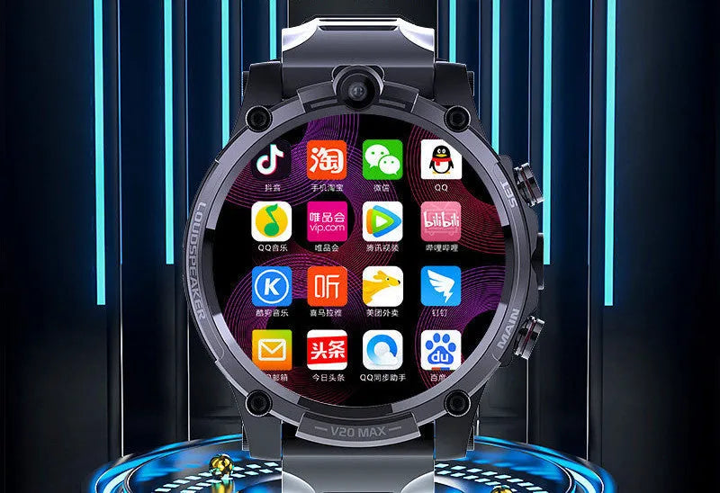 Black 4G smartwatch with 1.6-inch screen showing interface, dual cameras visible on watch case