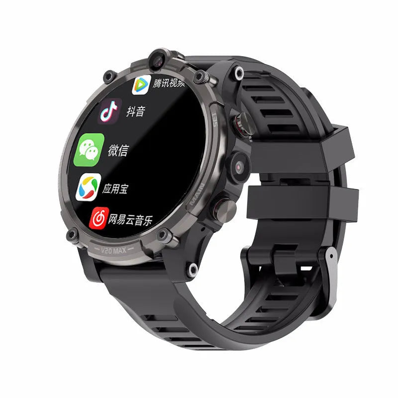 Black 4G smartwatch with 1.6-inch screen showing interface, dual cameras visible on watch case