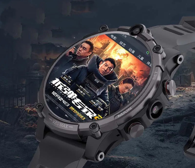 Black 4G smartwatch with 1.6-inch screen showing interface, dual cameras visible on watch case