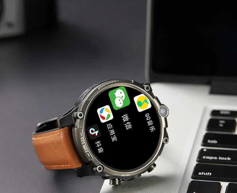 Black 4G smartwatch with 1.6-inch screen showing interface, dual cameras visible on watch case