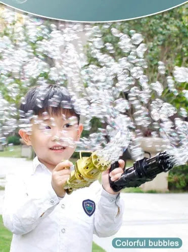 Child's plastic bubble blower gun in pink, gold, or black with removable bubble head for use as a fan.