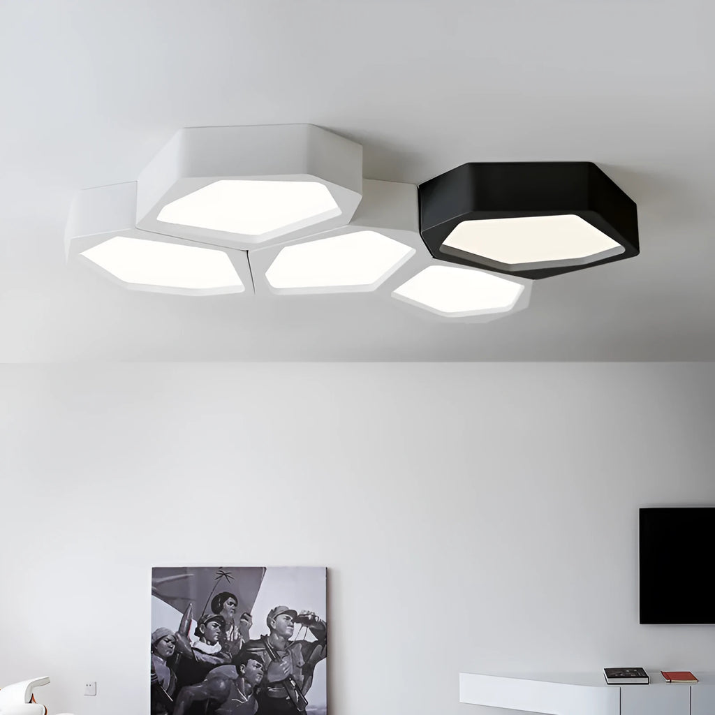 Geometric patterned LED wall light panel with iron frame in black or white finish