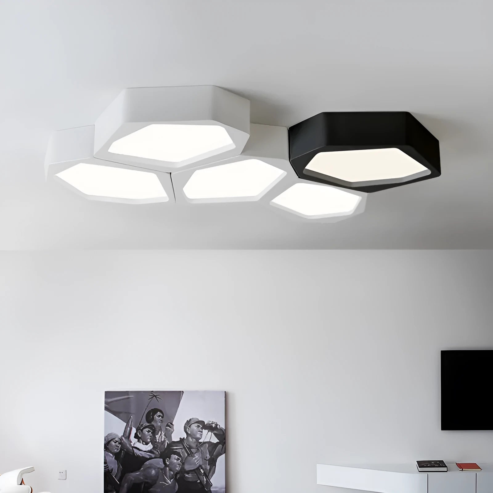 Geometric patterned LED wall light panel with iron frame in black or white finish