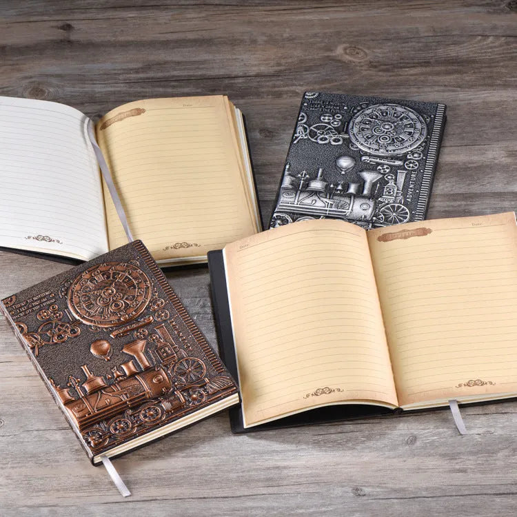 European relief embossed retro notepad diary in red bronze, silver, and green bronze colours