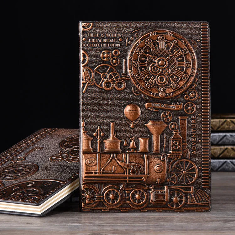 European relief embossed retro notepad diary in red bronze, silver, and green bronze colours