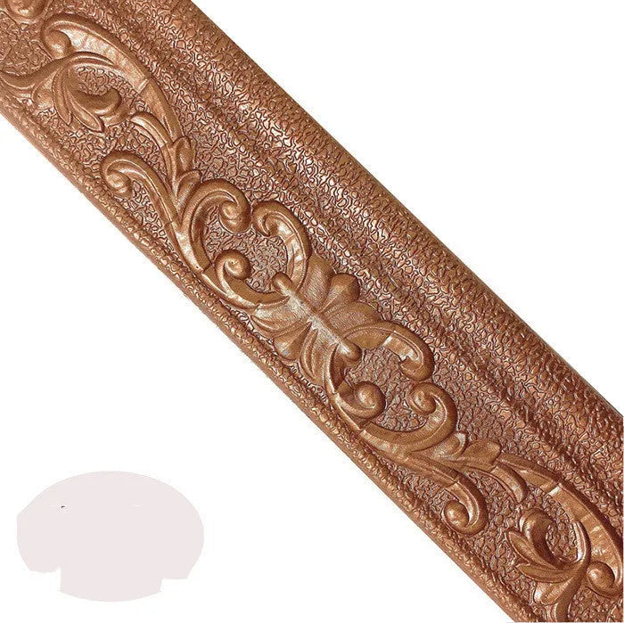 Medium-sized self-adhesive waistline decorative border with a grid pattern, shown in a gold colour against a living room wall.