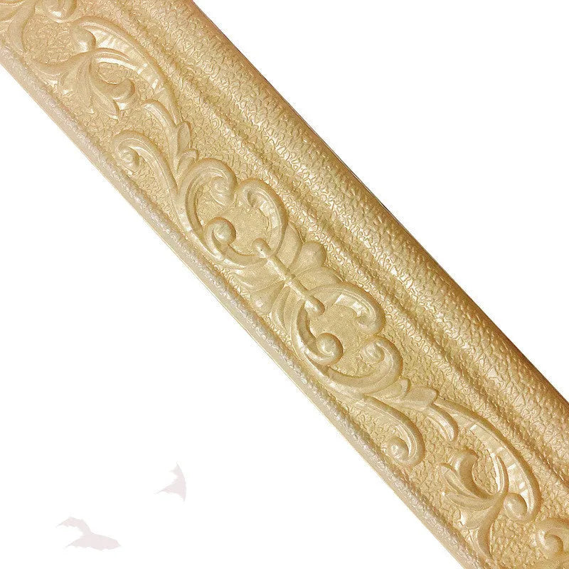 Medium-sized self-adhesive waistline decorative border with a grid pattern, shown in a gold colour against a living room wall.