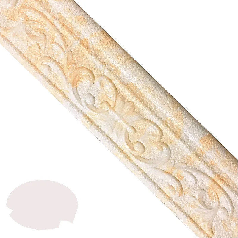 Medium-sized self-adhesive waistline decorative border with a grid pattern, shown in a gold colour against a living room wall.