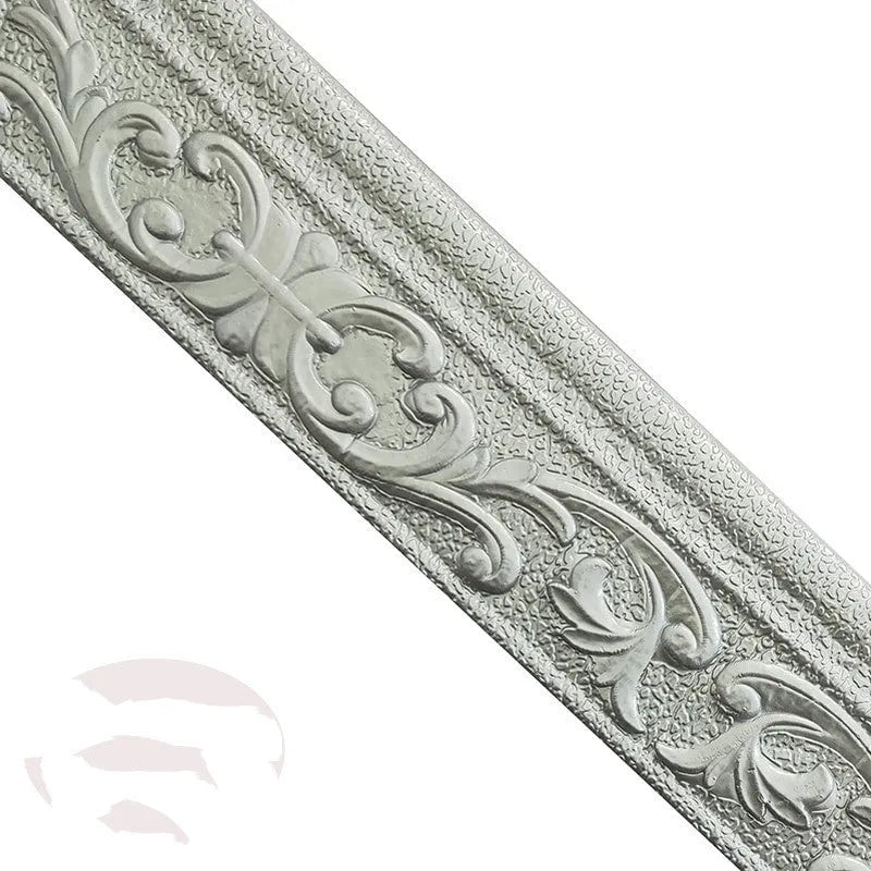 Medium-sized self-adhesive waistline decorative border with a grid pattern, shown in a gold colour against a living room wall.