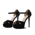 Black women's stiletto sandals with fish mouth peep toe, suede upper, and waterproof platform