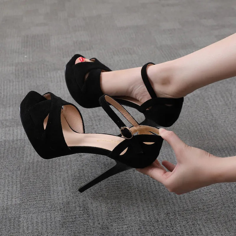 Black women's stiletto sandals with fish mouth peep toe, suede upper, and waterproof platform