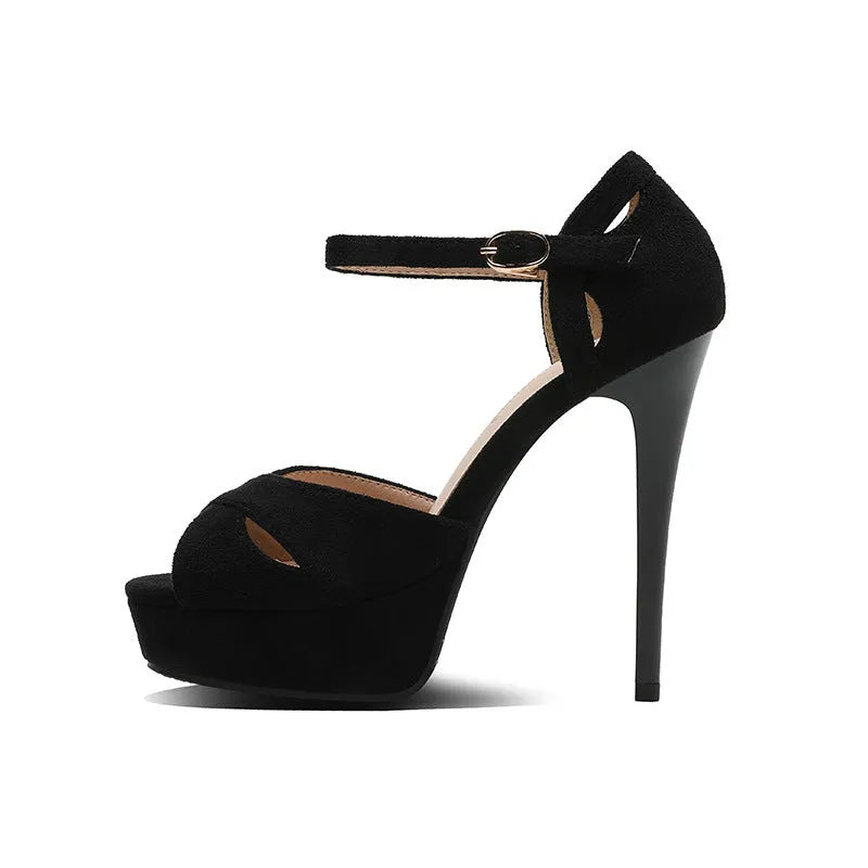 Black women's stiletto sandals with fish mouth peep toe, suede upper, and waterproof platform