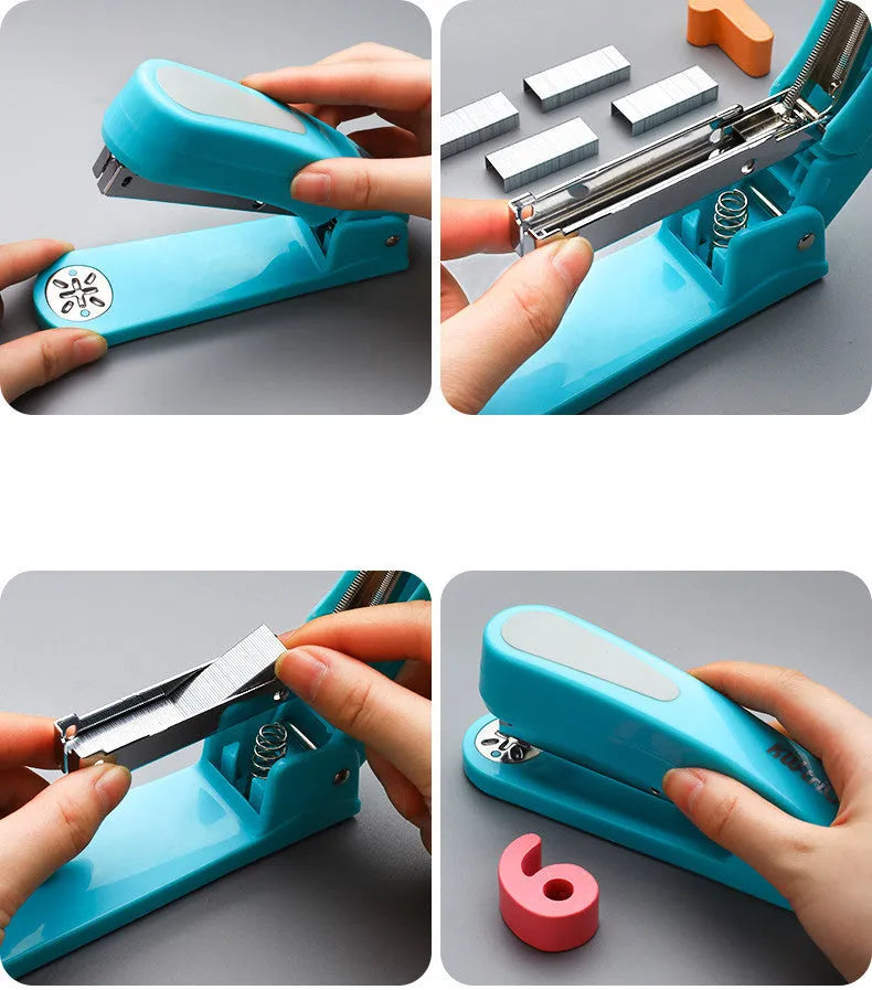 360-degree rotatable desktop stapler in black, showing rotation function and centre seam binding.