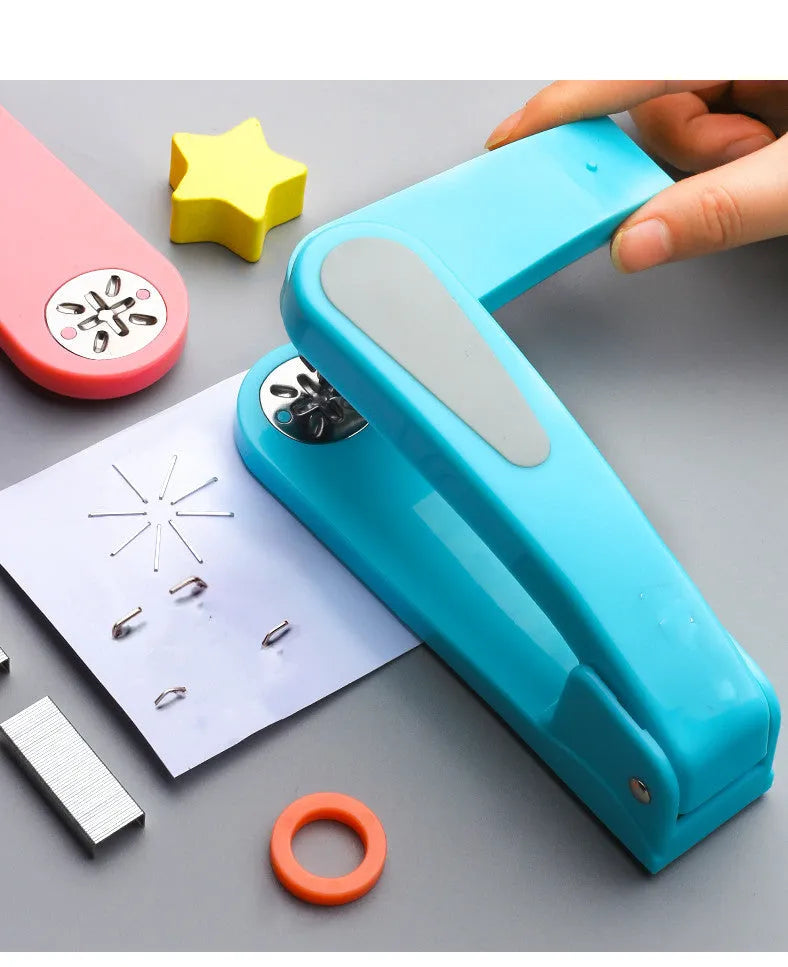360-degree rotatable desktop stapler in black, showing rotation function and centre seam binding.