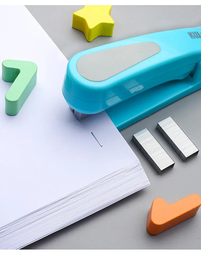 360-degree rotatable desktop stapler in black, showing rotation function and centre seam binding.