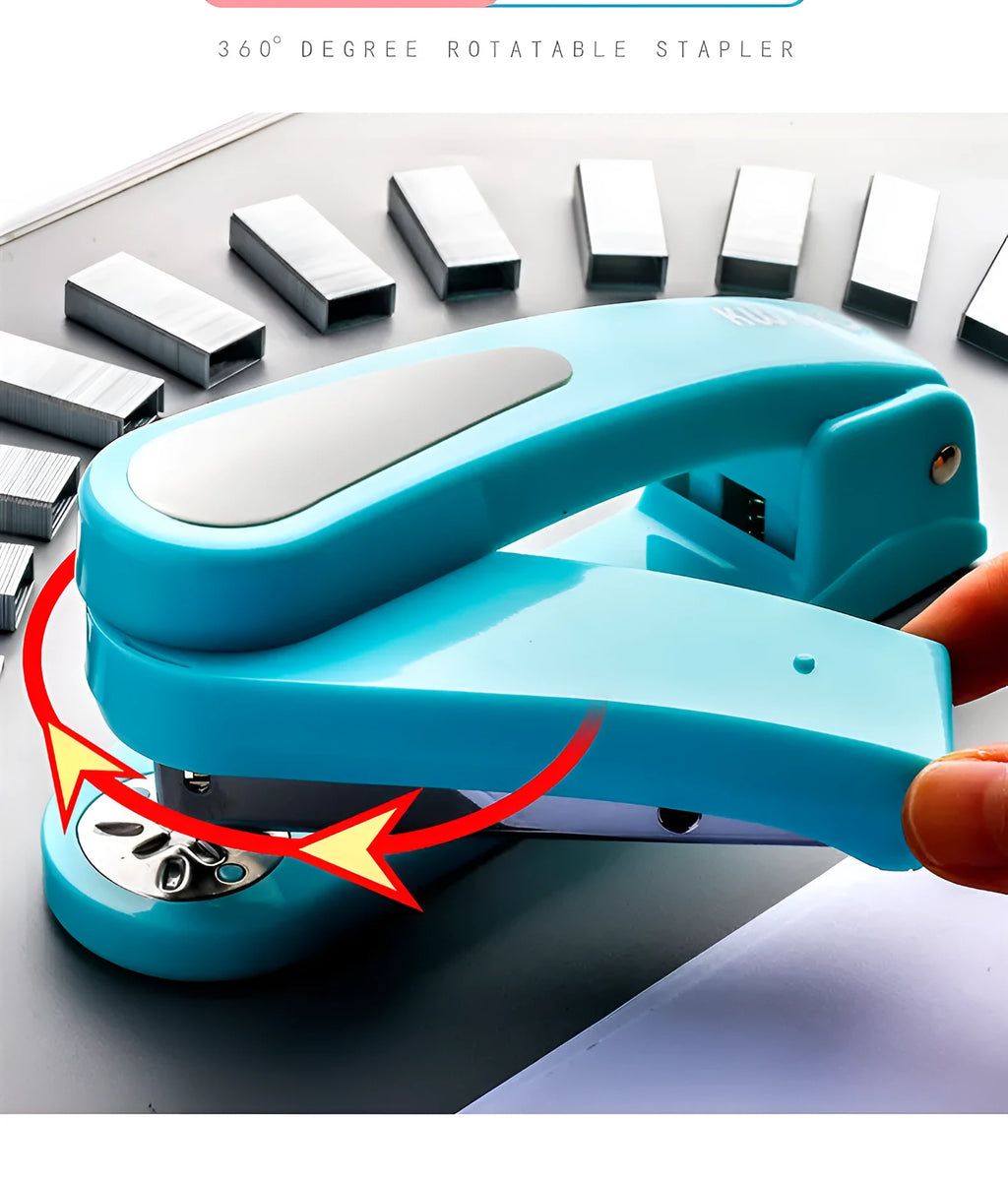 360-degree rotatable desktop stapler in black, showing rotation function and centre seam binding.