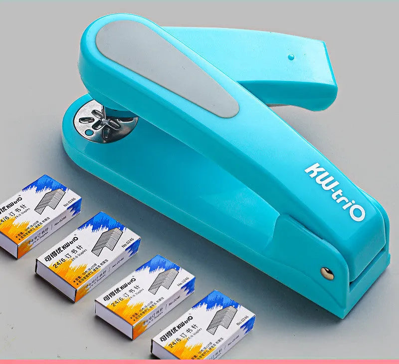 360-degree rotatable desktop stapler in black, showing rotation function and centre seam binding.
