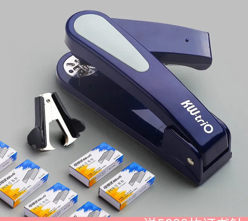 360-degree rotatable desktop stapler in black, showing rotation function and centre seam binding.
