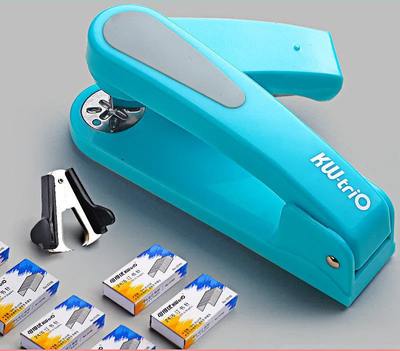 360-degree rotatable desktop stapler in black, showing rotation function and centre seam binding.