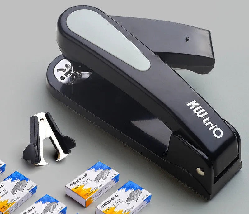 360-degree rotatable desktop stapler in black, showing rotation function and centre seam binding.