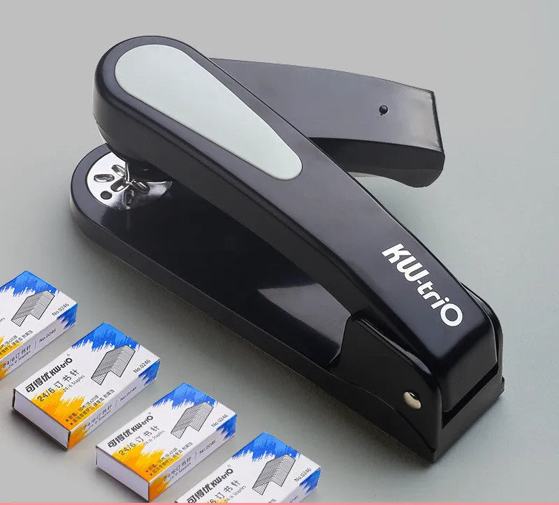 360-degree rotatable desktop stapler in black, showing rotation function and centre seam binding.