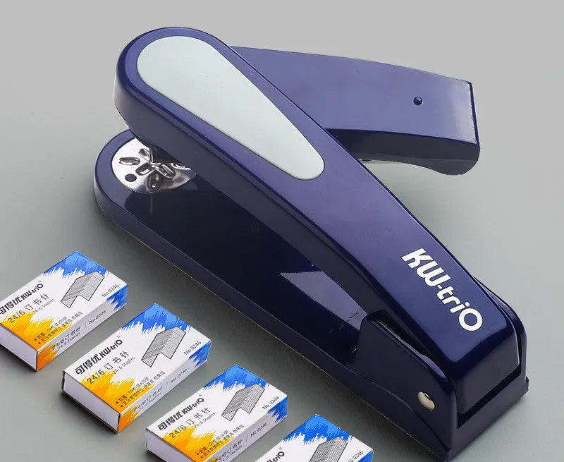 360-degree rotatable desktop stapler in black, showing rotation function and centre seam binding.