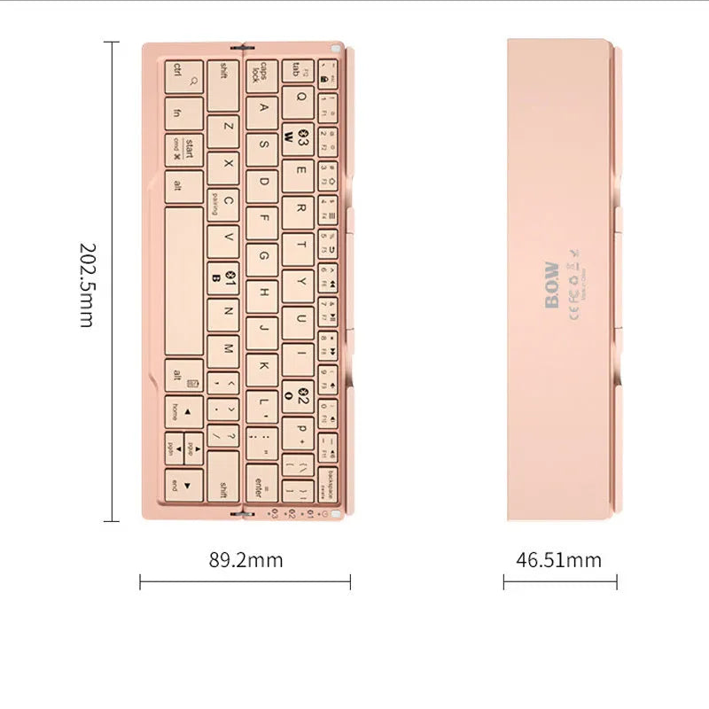 Aluminium folding Bluetooth keyboard open with smartphone on stand showing silver white finish