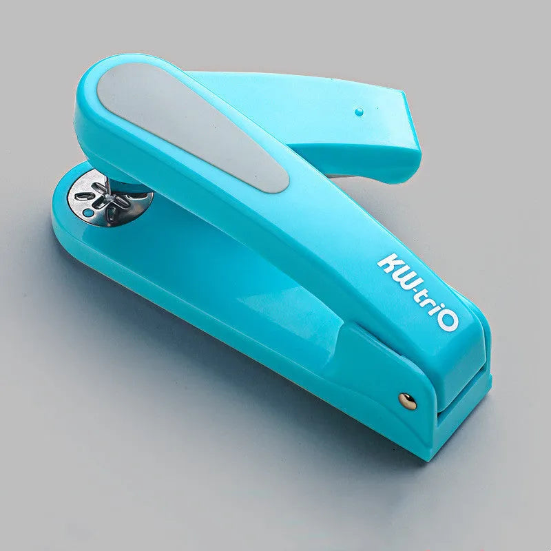 360-degree rotatable desktop stapler in black, showing rotation function and centre seam binding.