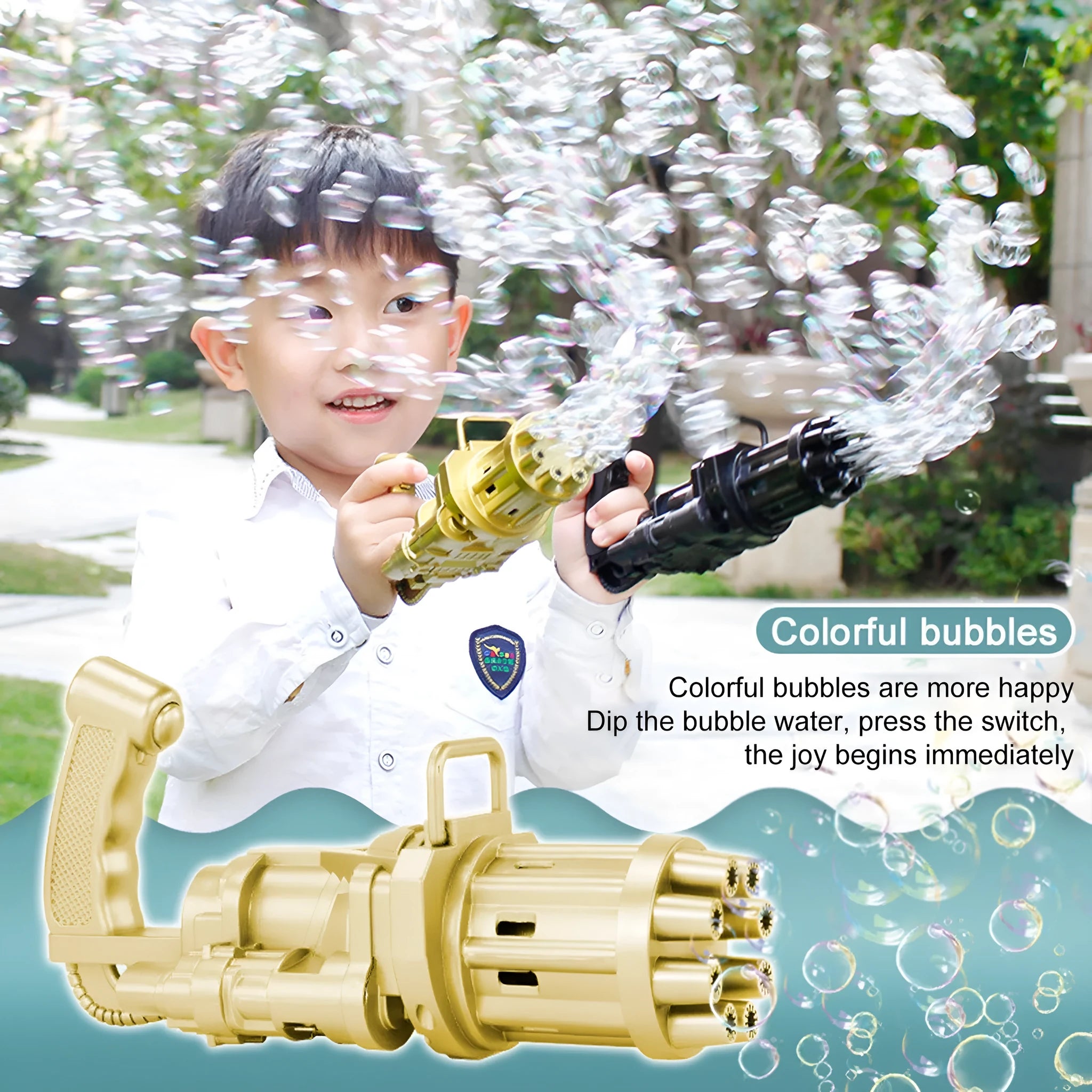 Child's plastic bubble blower gun in pink, gold, or black with removable bubble head for use as a fan.