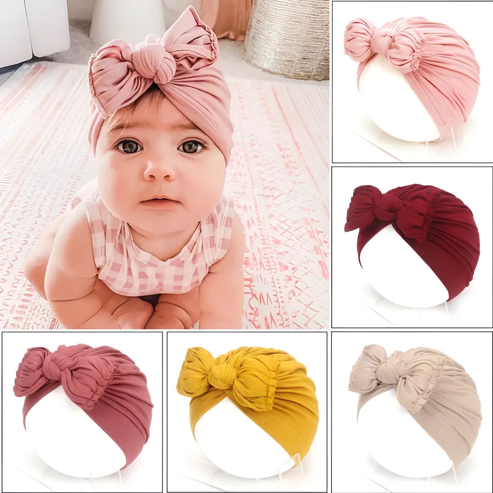 Soft knitted acrylic baby turban hat in a solid colour, shown on a mannequin.