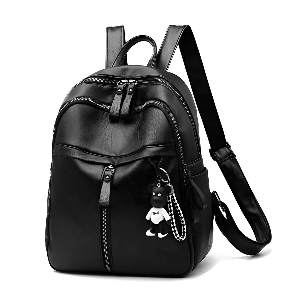 Black PU leather backpack with 20-35L capacity showing zipper opening and double straps
