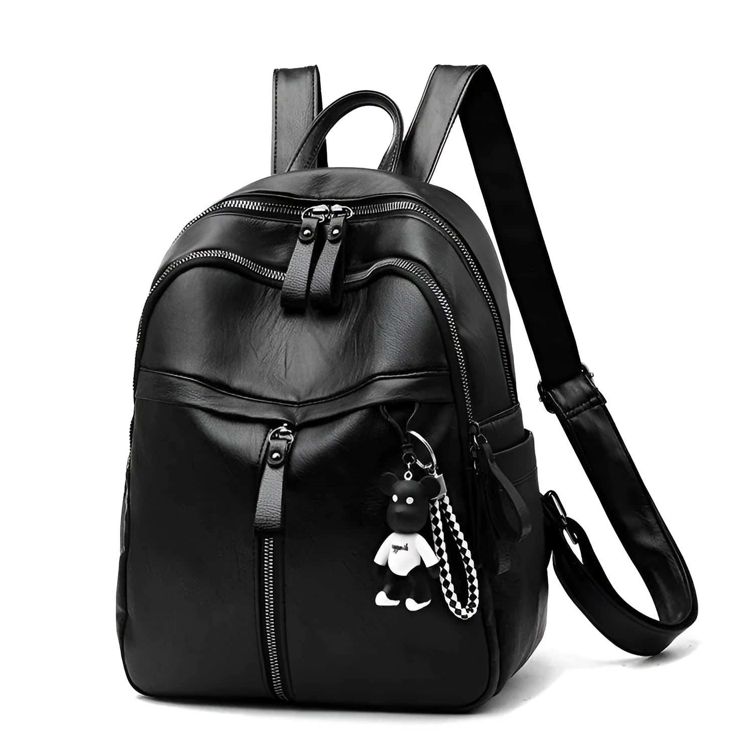 Black PU leather backpack with 20-35L capacity showing zipper opening and double straps