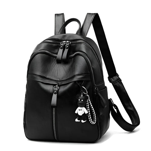 Black PU leather backpack with 20-35L capacity showing zipper opening and double straps