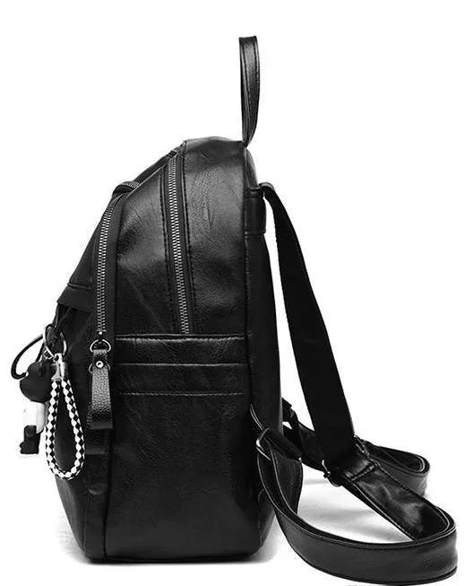 Black PU leather backpack with 20-35L capacity showing zipper opening and double straps