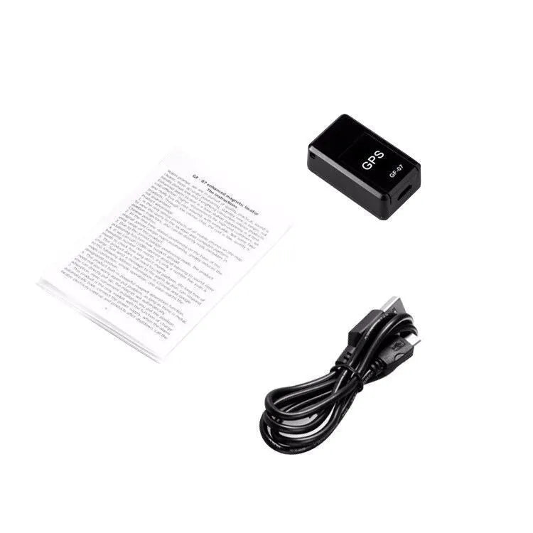 Black mini magnetic GPS car tracker device with compact rectangular design for vehicle attachment