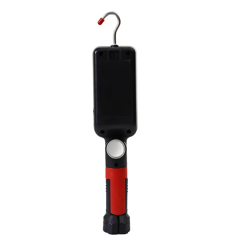 Portable flashlight with magnetic hook showing USB charging port and COB LED light