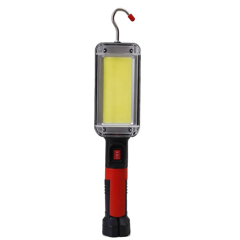 Portable flashlight with magnetic hook showing USB charging port and COB LED light