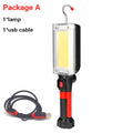 Portable flashlight with magnetic hook showing USB charging port and COB LED light
